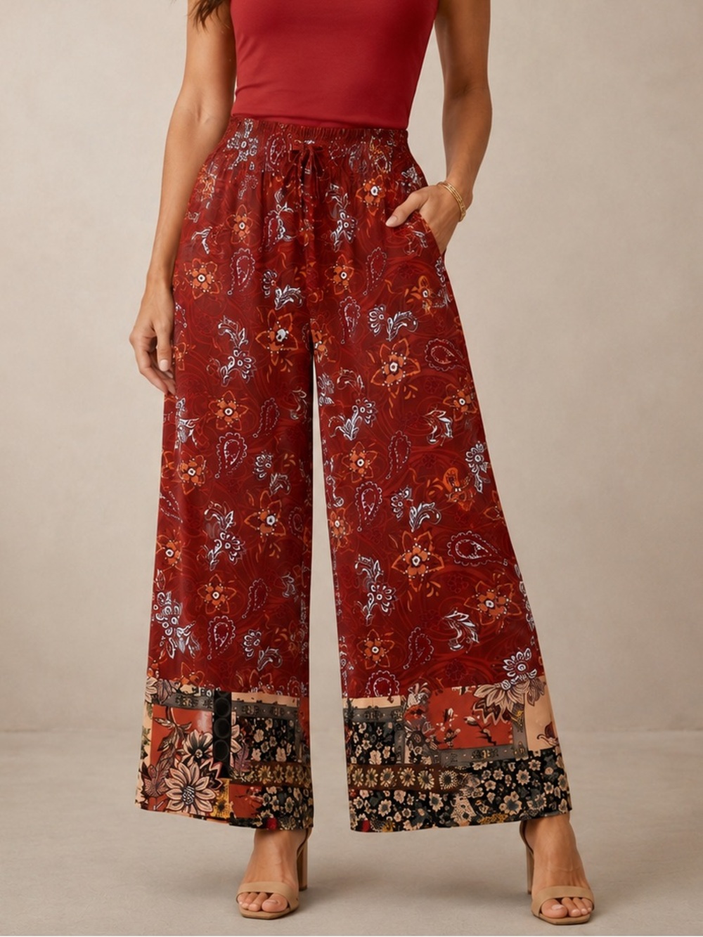 Bohemian Red Paisley Wide-Leg Pants